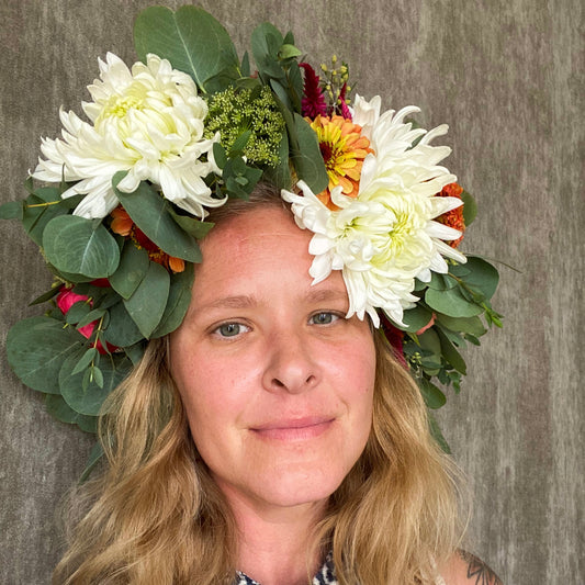 Flower crown with mums, celosia, zinnias and eucalyptus.