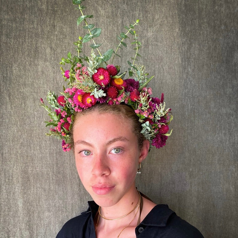 Flower crown with strawflower, eucalptus, celosia and statice.