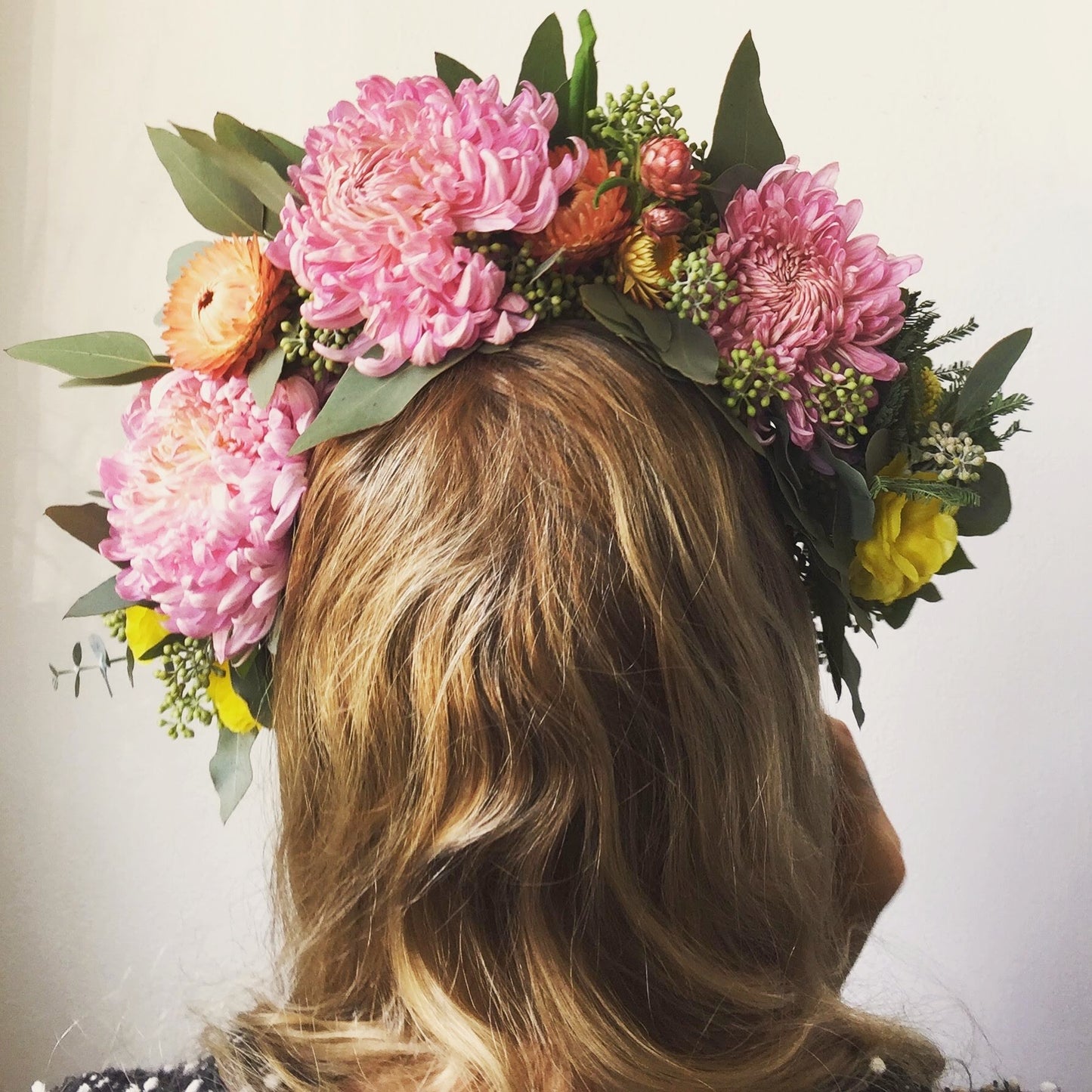 Flower crown with mums, strawflowers, eucalyptus.